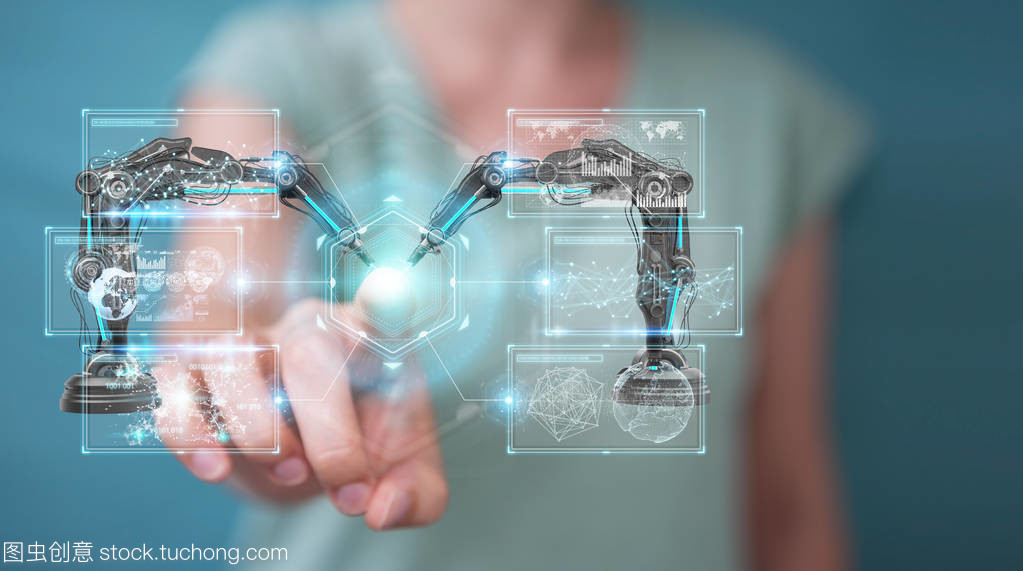 在模糊背景下使用機器人手臂與數字屏幕3d 渲染的女實業家